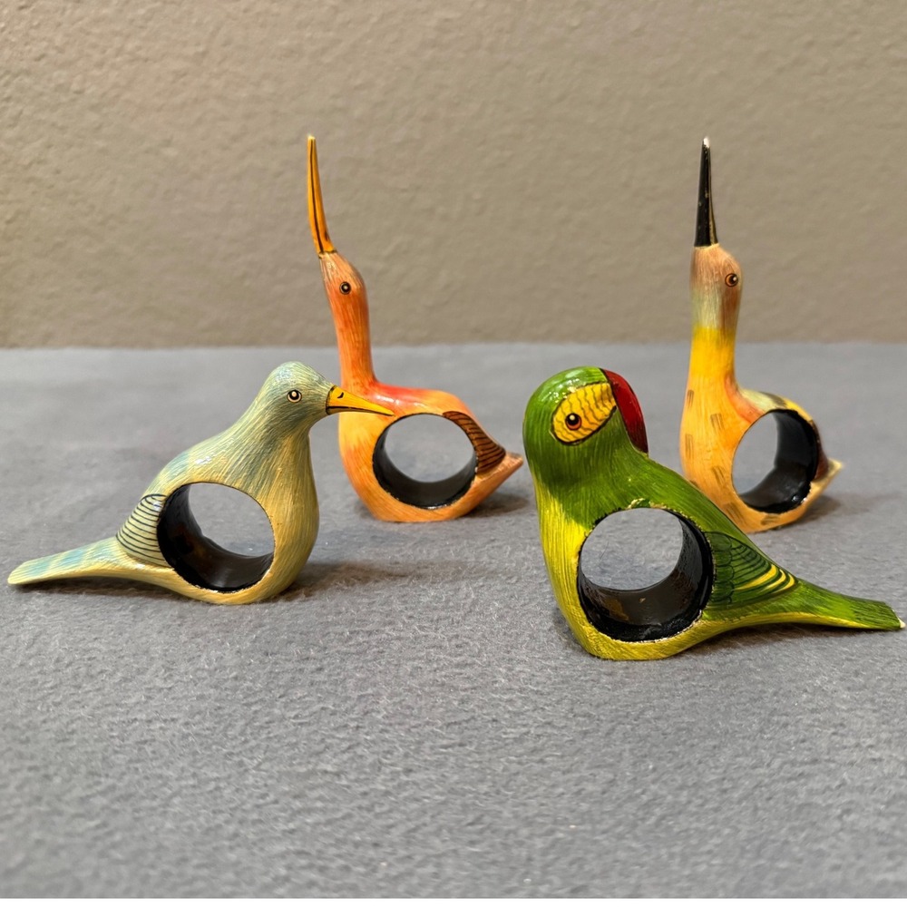 Vintage Hand Painted Wooden Bird Napkin Rings Set of 4 Tropical Folk Art Decor